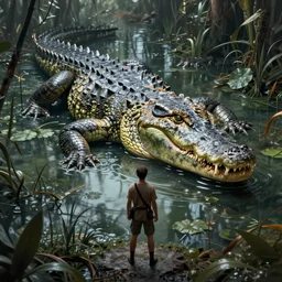Adventurer facing a giant crocodile in the middle of a dark swamp, hyperdetailed, artstation, cgsociety, by greg rutkowski, by Gustave Dore