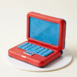 an open red and blue laptop made of cake