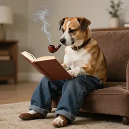 a dog in pants, smoking a pipe, reading a book, 4 k