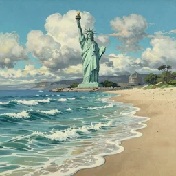 Australian beach, statue of liberty, clouds and wings and waves, by studio ghibli painting, by Joaquin Sorolla rhads Leyendecker, An aesthetically pleasing, dynamic, energetic, lively, well-designed digital art of a beach, ripples, waves, sea foam, light and shadow, ocean caustics, overlaid with aizome patterns, by Ohara Koson and Thomas Kinkade, traditional Japanese colors, superior quality, masterpiece