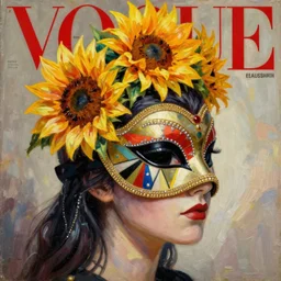 masquerade ball mask, vogue magazine, elle magazine, greg rutkowski, roy lichtenstein, john singer sargent, robert rauschenberg, trending on artstation, anime, oil painting, side profile portrait, looking right, sunflower tiara crown, intricate