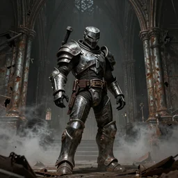 individual in doom slayer armor from doom 2 0 1 6 in a gothic church, rusty metal walls, broken pipes, dark colors, muted colors, tense atmosphere, church cathedral, mist floats in the air, amazing value control, muted colors, moody colors, dramatic lighting, in the style of frank frazetta, doom video game