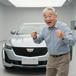 a older man excited about his new cadillac