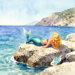 wide angle watercolor illustration of a mermaid with curly blonde hair sunning herself on a rock near the Aegean sea