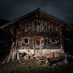 1 9 2 0 s photography of an old farmers hut in the dolomites, farmer tools, wooden cross, bondes, haystack, dark, eerie, grainy