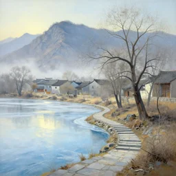 a gorgeous bleak spring landscape painting by barlowe wayne maxfield parrish and marco mazzoni. sunny morning. light effect. tree no leaf!! china mountain village!! grey blue and light verdancy. the lake ice is melting. the winding stone steps. ultra clear detailed. 3 d, octane render. fog.