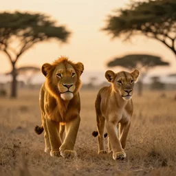 Simba and nala walking during sunset
