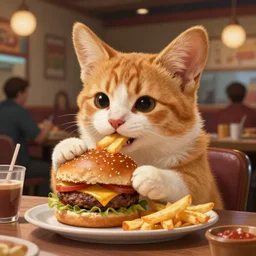a portrait of an anthropomorphic corgi cat eating hamburgers and fries, restaurant in background, cute and adorable, dnd character art portrait, well rendered matte fantasy painting, deviantart artstation, by jason felix by steve argyle by tyler jacobson by peter mohrbacher, cinematic lighting