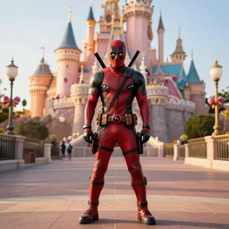 deadpool stands in candyland, wonderland, theme park, 8 k photography, detailed, golden hour
