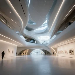 interior futuristic art gallery wide angle highly detailed by ricardo boffil and saturno butto, captivating 8 k hdr, octane render godrays