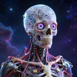 3D render of a STEAMpunk cyborg with translucent skull filled with a fractal of liquid mercury switches, neon eyeballs, titanium skeleton, anatomical, latex flesh and facial muscles, neon wires, microchips, electronics, veins, arteries, glowing, highly detailed, octane render, global lighting by H.R. Giger and Johanna Martine and Jeffrey Smith AND ERNST HAECKEL, background of outer space neon nebulas by Pilar Gogar, 8K HDR