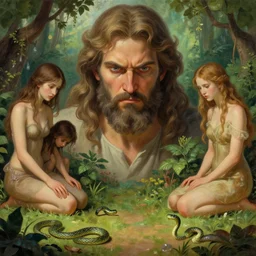 Close-up of God being angry in the Garden of Eden. Adam and Eve look very guilty and the snake is leaving the scene quietly - elegant, highly detailed, centered, digital painting, artstation, concept art, artgerm, donato giancola, Joseph Christian Leyendecker, WLOP, Boris Vallejo, Artgerm