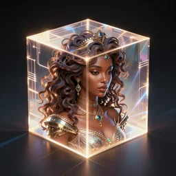 symmetry!! a princess, solid cube of light, hard edges, product render retro - futuristic poster scifi, lasers and neon circuits, brown skin woman princess with curly hair, intricate, elegant, highly detailed, digital painting, artstation, concept art, smooth, sharp focus, illustration, dreamlike, art by artgerm