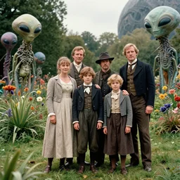 sharp, highly detailed, 36352k film, 175000mm film still from a sci fi blockbuster color movie made in 2019, set in 1860, of a family standing in a park, next to some strange alien plants and flowers, on an alien planet, the family are all wearing 1860s era clothes, good lighting, ultra high definition, ultra enhanced faces, in focus, 35mm macro lens