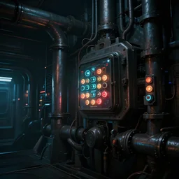 scifi background, machinery, pipes, dimly lit, glowing buttons and neon lights