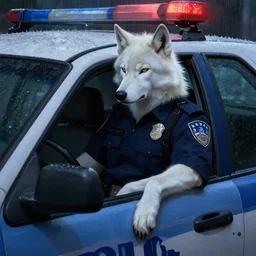 anthro albino wolf police officer sitting in his patrol car looking bored at night in the rain, deep focus, highly detailed, digital painting, artstation, concept art, matte, sharp focus, illustration, art by artgerm and greg rutkowski and alphonse mucha