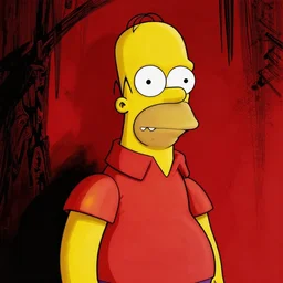 zombie homer simpson, in the style of beksinski, red, black, vibrant, chiaroscuro, high detail, perfect artwork, clean lines