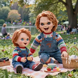 screaming chucky doll and emma watson enjoying a picnic in central park by monet