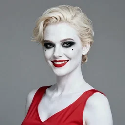 in the style of Phil Noto, Pale skin female Domino from marvel comics, black spot over left eye, wearing a red dress, smile