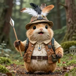 portrait of a stumpy cheery woodland animal wearing a feathered cap and expedition garb, holding a blow dart