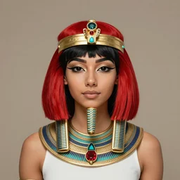 egiptian girl with red short red and black hair, tan skin, black eyes, portrait, hd, 8k, symmetric, accurate