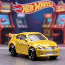 3 5 mm photo of metallic yellow car like pac man character, hot wheels model with an arcade store as background, epic cinematic, epic lighting