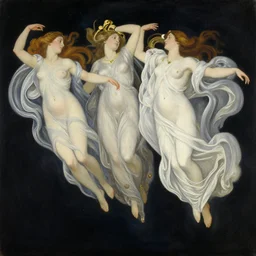 highly detailed painting of gemini goddesses fully clothed in celestial gowns floating in space from afar by tamara de lempicka
