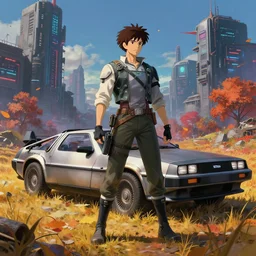 an epic fantasy comic book style portrait painting of an abandoned futuristic delorean standing on a field near a cyberpunk city, studio ghibli, unreal 5, daz, hyperrealistic, octane render, cosplay, rpg portrait, dynamic lighting, intricate detail, harvest fall vibrancy, cinematic