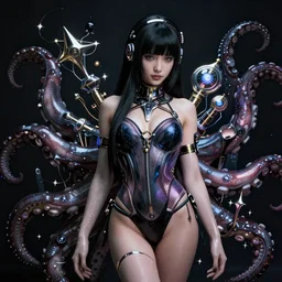 jet black haired cyberpunk girl, octopus, leotard, bikini, dramatic lighting, ultra realistic, intricate details, the fifth element artifacts, highly detailed by peter mohrbacher, allen williams, hajime sorayama, wayne barlowe, boris vallejo, aaron horkey, gaston bussiere,