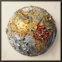 highly detailed labeled atlas map poster of a synthetic planet, well - lit, ray tracing, detailed, paper drawing, fractal structure, golden, silver and crimson ink, factories and nature, intricate details