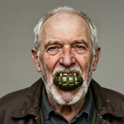 old man portrait, grenade in his teeth, greg rutkowski art