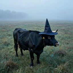 a detailed illustration of a cow standing in a grassy field wearing a witch hat, cow wearing hat!!! viewed in profile and far away, fog in the background, ultrawide lens, aerial photography, black and blue color scheme with gold highlights, art by greg rutkowski and alphonse mucha, artstation, 8 k