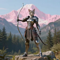full - body matte portrait of a voluptuous cattie - brie of mithril hall in a heroic pose holding a silver bow, tied leather armor, by artgerm, andreas rocha, greg rutkowski, mucha. pink quartz mountains in the far in the background, forest in the foreground, sharp edges. ultra clear detailed. 8 k. elegant. octane render