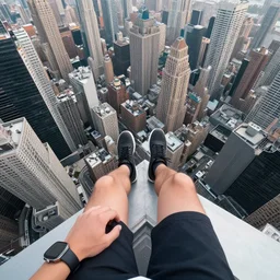 First person perspective. Hands and legs in shot. Sitting on the edge of a tall building within the great city looking down at the architecture and streets.  Art by James C. Christensen, James Gurney, Andreas Rocha, Barclay Shaw, Thomas Cole, Antoine Blanchard, Gilbert Williams, Christophe Vacher.