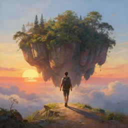a beautiful painting of a journey of a thousand miles begins with a single step, it is necessary to take the first step to reach your goal, flying island and sunset, highly detailed, 8 k resolution, trending on artstation
