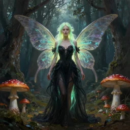 stunningly beautiful female dark faerie priestess in amanita muscaria forest landscape, symmetrical wings on back, neon hair, fantasy art, wearing a dress of gossamer black, inner glow, illustration, dramatic lighting, soft details, painting, art nouveau, octane render, 8 k, hd, by edmund blair leighton, brom, charlie bowater, faces by otto schmidt