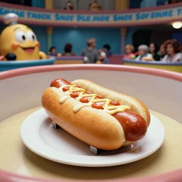 1990s photo of inside the Slime Friends Snow Potato Show ride at Universal Studios in Orlando, Florida, riding a hotdog through a dinner plate world, cinematic, UHD