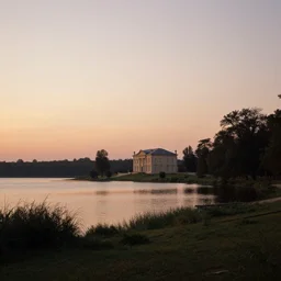 a serene landscape with a singular building near a lake at sunset in the style of Jean-Honoré Fragonard, rococo style, soft lighting, path tracing, complementary colors, calm, natural lighting, high quality, 4k, low contrast, highly detailed