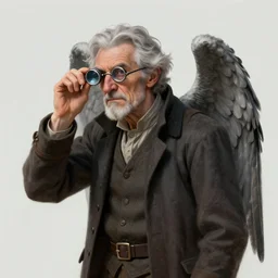 character art by bastien lecouffe - deharme, old man, grey hair, wearing monocle, large grey wings on back
