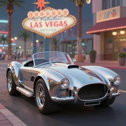 a wholesome animation key shot of!! one!! focused!! ac cobra!! in shiny stainless steel, in a las vegas street, medium shot, studio ghibli, pixar and ( disney ) animation, sharp, very detailed, high resolution, rendered in unreal engine 5, anime key art by greg rutkowski, bloom, dramatic lighting