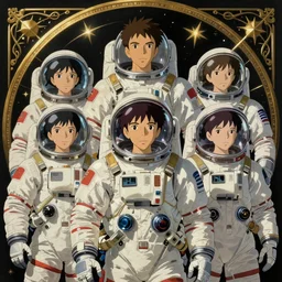 portrait of a team of space explorers, in style of Midjourney, insanely detailed and intricate, golden ratio, elegant, ornate, elite, haunting, matte painting, cinematic, cgsociety, miyazaki, vivid and vibrant