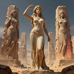 giant stone monuments,  statues across the desert, neon, tribal, goddess, academic action pose, fibonacci, sweat drops, insane, pinup, intricate, highly detailed, digital painting, artstation, concept art, smooth, sharp focus, illustration, Unreal Engine 5, 8K, art by artgerm and greg rutkowski and alphonse mucha