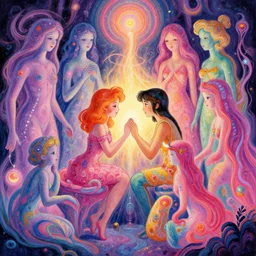 a psychedelic realm where astral beings share love : : greg rutkowski : : wlop : : lisa frank : : bob ross : : ruan jia : : illustration