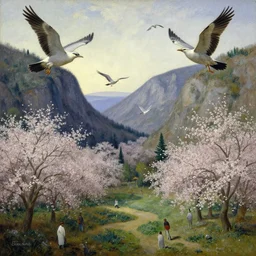 a valley with trees in flower. giant birds flying. full - length, oil painting in a modern style, very detailed, painted by caravaggio, greg rutkowski, sachin teng, enki bilal, tony sandoval, norman rockwell, tom bagshaw.