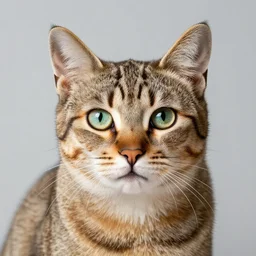 studio color photo, cat with human eyes
