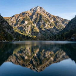 a beautiful landscape view of a mountain by a lake, mountain reflecting in the lake