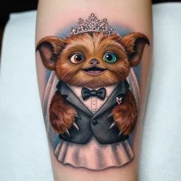 a realistic tattoo of gizmo from the movie gremlins wearing a wedding suit and looking happy. neo modern tattoo school, tattoo, dslr
