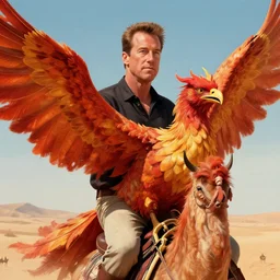 a portrait of arnold schwarzenegger riding a giant phoenix in the desert, realistic face, highly detailed, cinematic shot, digital illustration, art by greg rutkowski, epic, fantasy, amazing detail, intricate