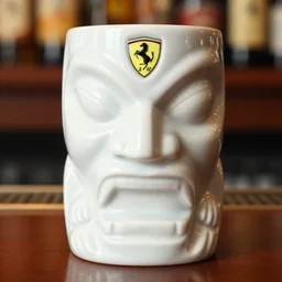a closeup photorealistic photograph of a ferarri shaped tiki mug sitting at a trader vic's bar featuring enzo ferrari's face. tiki theme. bright scene. fine detail. this 4 k hd image is trending on artstation, featured on behance, well - rendered, extra crisp, features intricate detail, epic composition and the style of unreal engine.
