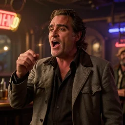 the medium shot of singing old drunkard ( ( ( ( ( joaquin phoenix ) ) ) ) ) with sideburns worn in old grey jacket in the scene in steampunk bar, still frame from movie with cinematography of christopher doyle, neon lighting, anamorphic lens, optical flares, award winning photo, 8 k